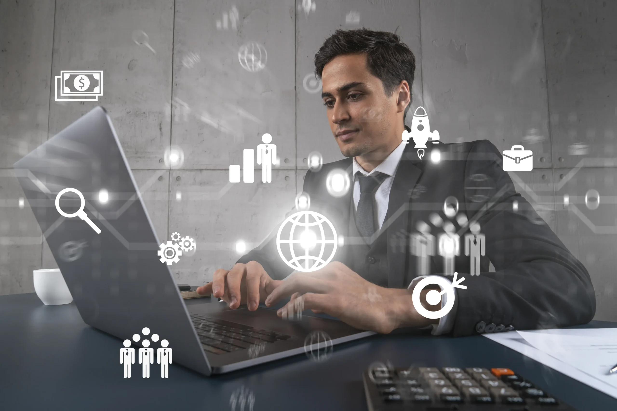 A business owner analyzing digital marketing and web development strategies on a laptop, highlighting the importance of a strong online presence in 2025.